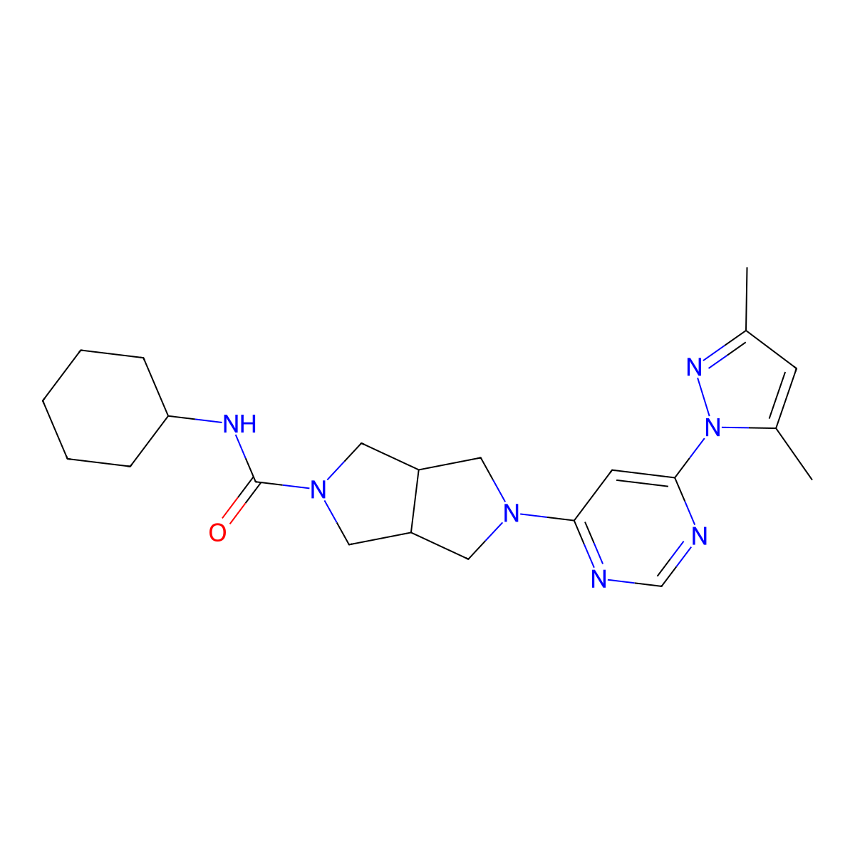 N-cyclohexyl-5-[6-(3,5-dimethyl-1H-pyrazol-1-yl)pyrimidin-4-yl]-octahydropyrrolo[3,4-c]pyrrole-2-carboxamide molecular structure, CAS 2742046-40-6