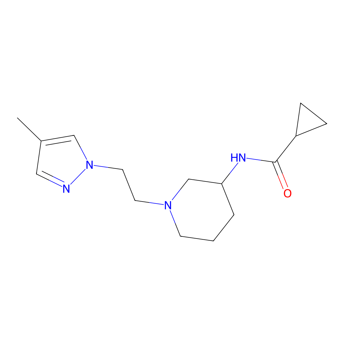 N-{1-[2-(4-methyl-1H-pyrazol-1-yl)ethyl]piperidin-3-yl}cyclopropanecarboxamide molecular structure, CAS 2742046-47-3