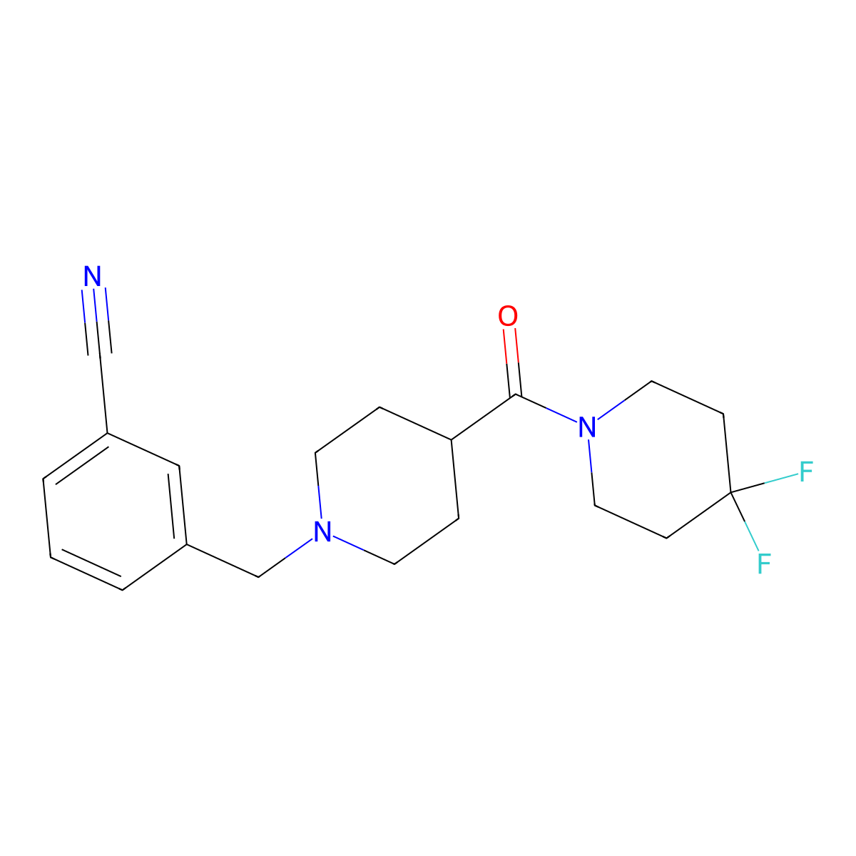 3-{[4-(4,4-Difluoropiperidine-1-carbonyl)piperidin-1-yl]methyl}benzonitrile molecular structure, CAS 2742046-53-1