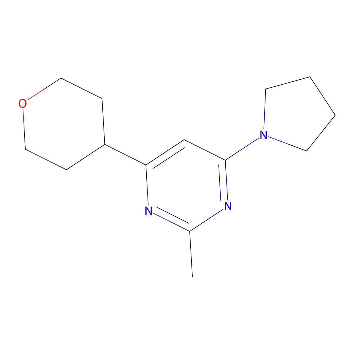 2-Methyl-4-(oxan-4-yl)-6-(pyrrolidin-1-yl)pyrimidine molecular structure, CAS 2742046-54-2