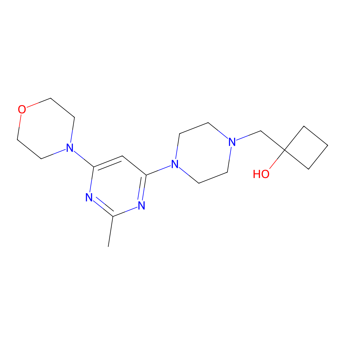 1-({4-[2-Methyl-6-(morpholin-4-yl)pyrimidin-4-yl]piperazin-1-yl}methyl)cyclobutan-1-ol molecular structure, CAS 2742046-57-5
