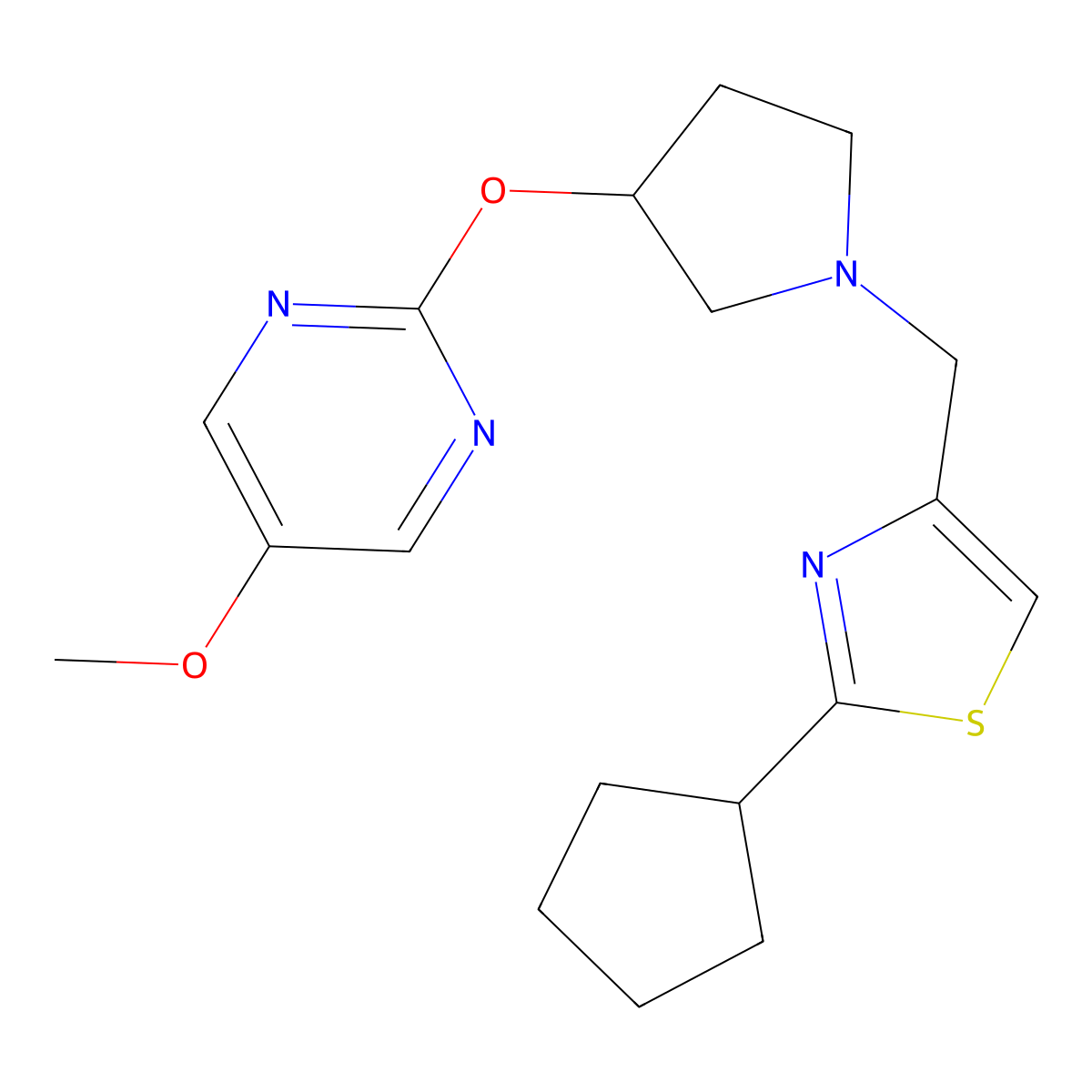 2-({1-[(2-Cyclopentyl-1,3-thiazol-4-yl)methyl]pyrrolidin-3-yl}oxy)-5-methoxypyrimidine molecular structure, CAS 2742046-63-3