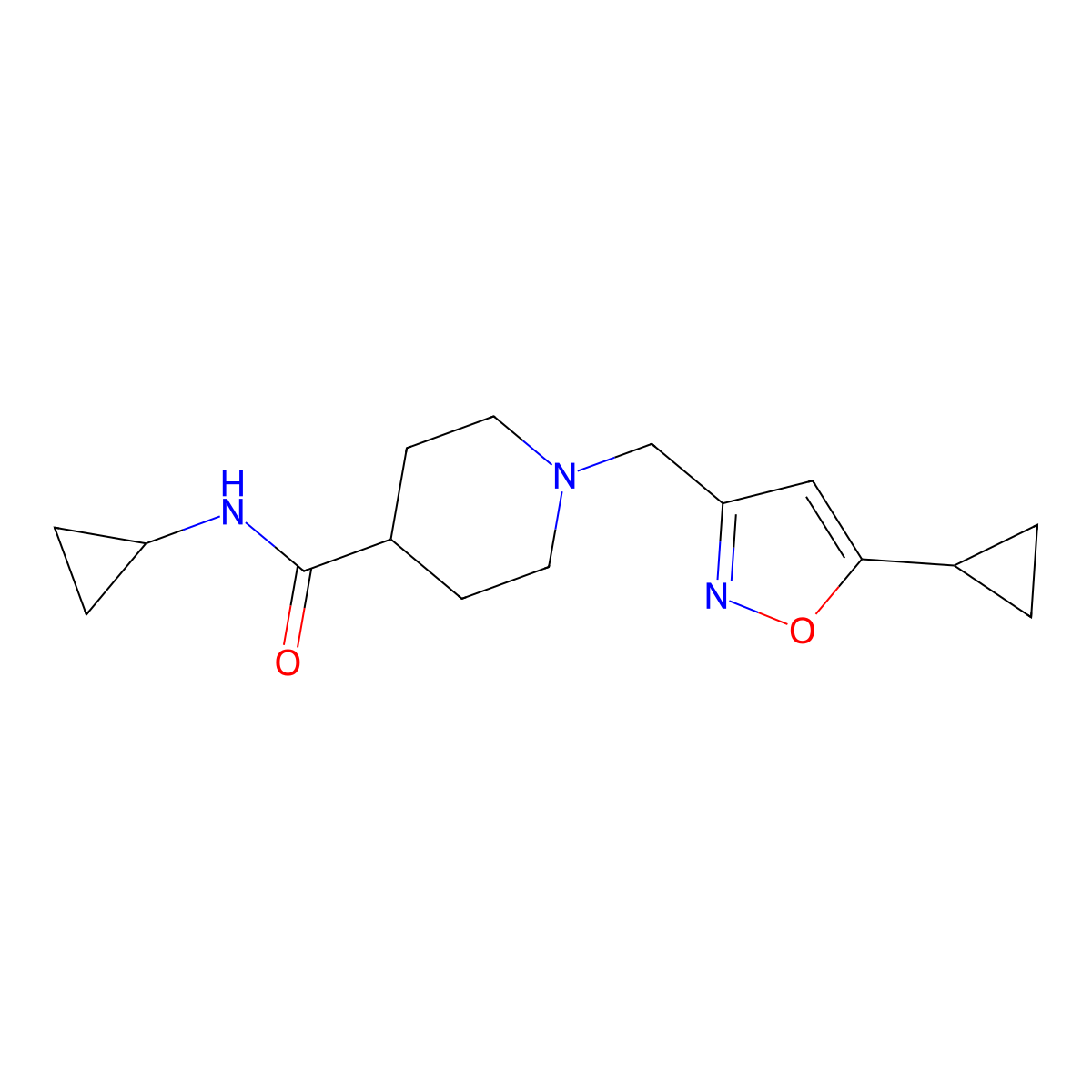 N-cyclopropyl-1-[(5-cyclopropyl-1,2-oxazol-3-yl)methyl]piperidine-4-carboxamide molecular structure, CAS 2742046-68-8