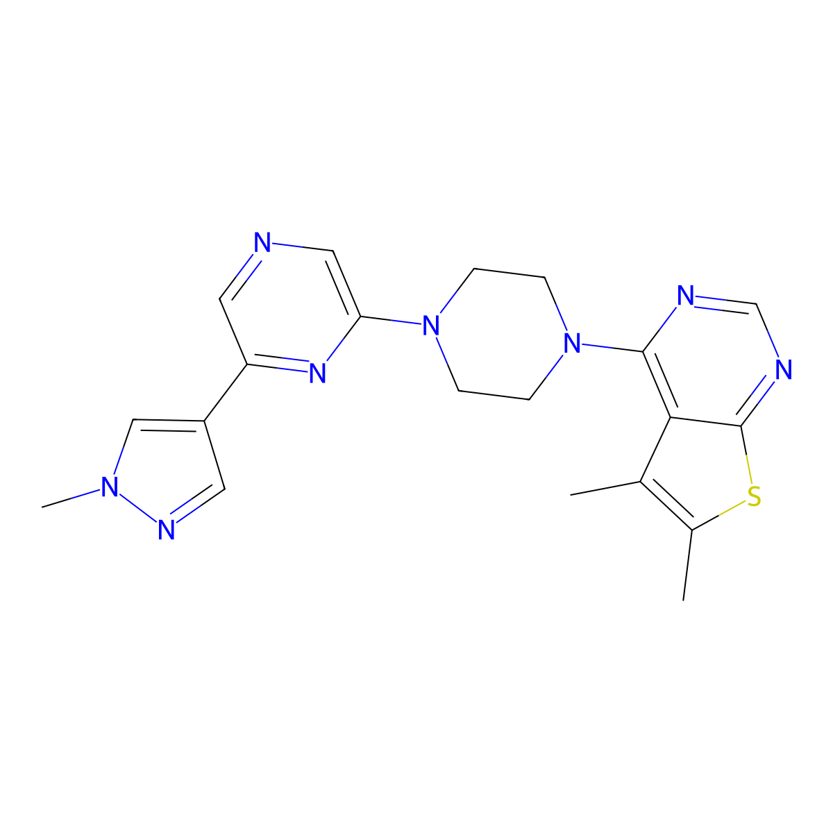 2-(4-{5,6-dimethylthieno[2,3-d]pyrimidin-4-yl}piperazin-1-yl)-6-(1-methyl-1H-pyrazol-4-yl)pyrazine molecular structure, CAS 2742046-97-3