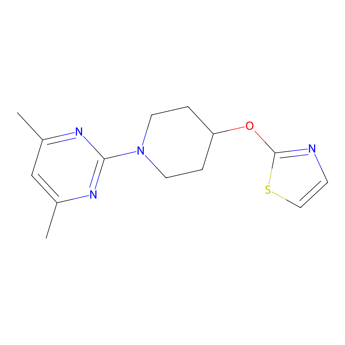 4,6-Dimethyl-2-[4-(1,3-thiazol-2-yloxy)piperidin-1-yl]pyrimidine molecular structure, CAS 2742046-98-4