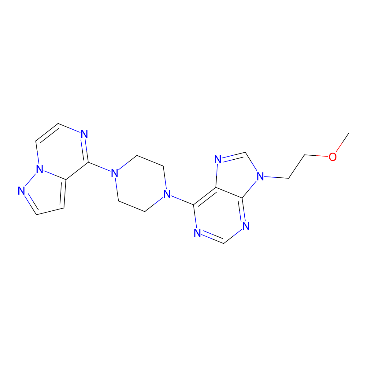 9-(2-methoxyethyl)-6-(4-{pyrazolo[1,5-a]pyrazin-4-yl}piperazin-1-yl)-9H-purine molecular structure, CAS 2742047-02-3