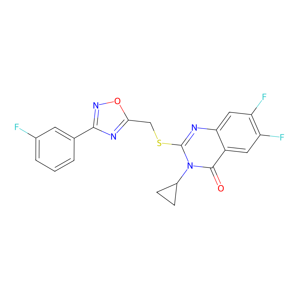 3-Cyclopropyl-6,7-difluoro-2-({[3-(3-fluorophenyl)-1,2,4-oxadiazol-5-yl]methyl}sulfanyl)-3,4-dihydroquinazolin-4-one molecular structure, CAS 2742047-03-4