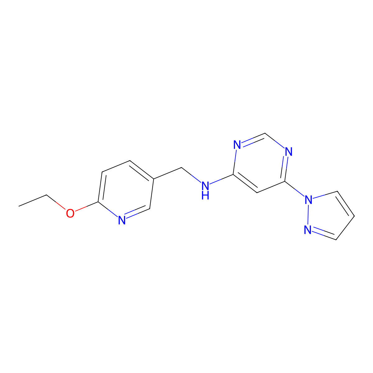 N-[(6-ethoxypyridin-3-yl)methyl]-6-(1H-pyrazol-1-yl)pyrimidin-4-amine molecular structure, CAS 2742047-12-5
