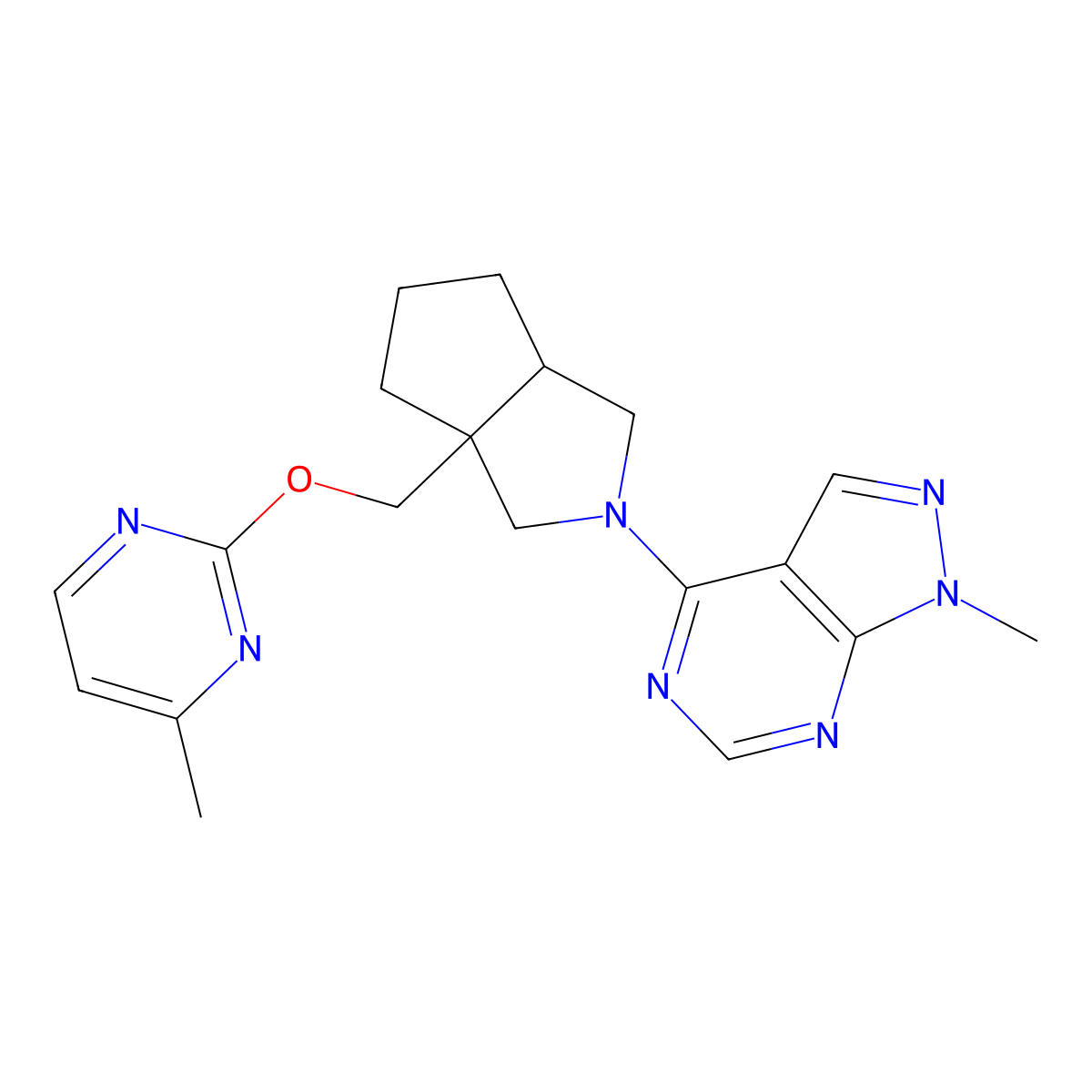 4-methyl-2-[(2-{1-methyl-1H-pyrazolo[3,4-d]pyrimidin-4-yl}-octahydrocyclopenta[c]pyrrol-3a-yl)methoxy]pyrimidine molecular structure, CAS 2742047-26-1