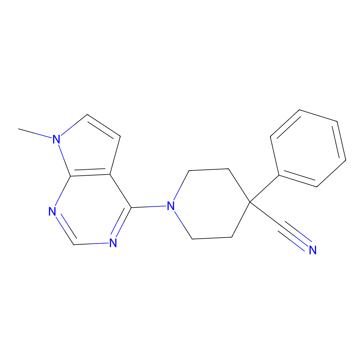 1-{7-methyl-7H-pyrrolo[2,3-d]pyrimidin-4-yl}-4-phenylpiperidine-4-carbonitrile molecular structure, CAS 2742047-27-2