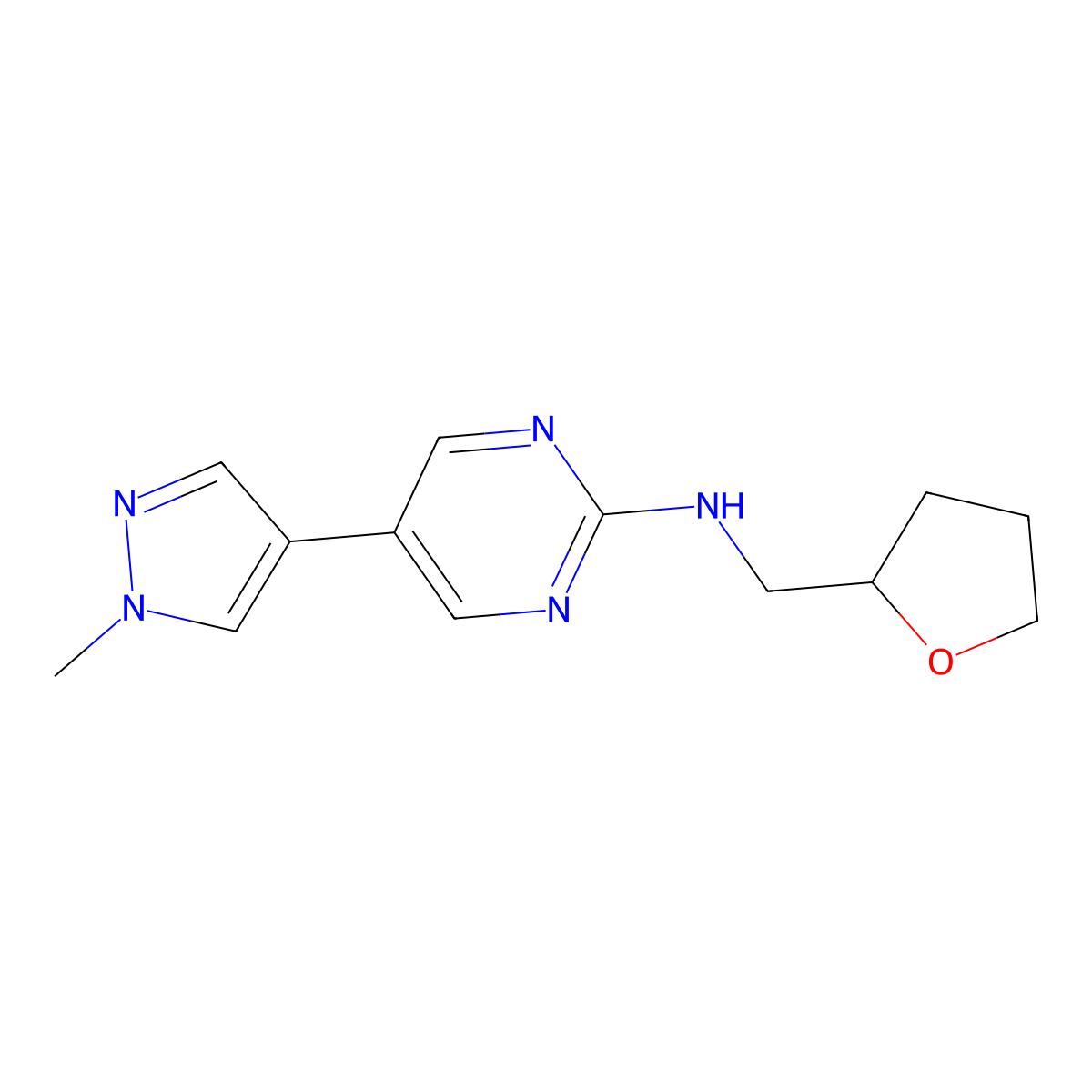 5-(1-methyl-1H-pyrazol-4-yl)-N-[(oxolan-2-yl)methyl]pyrimidin-2-amine molecular structure, CAS 2742047-37-4