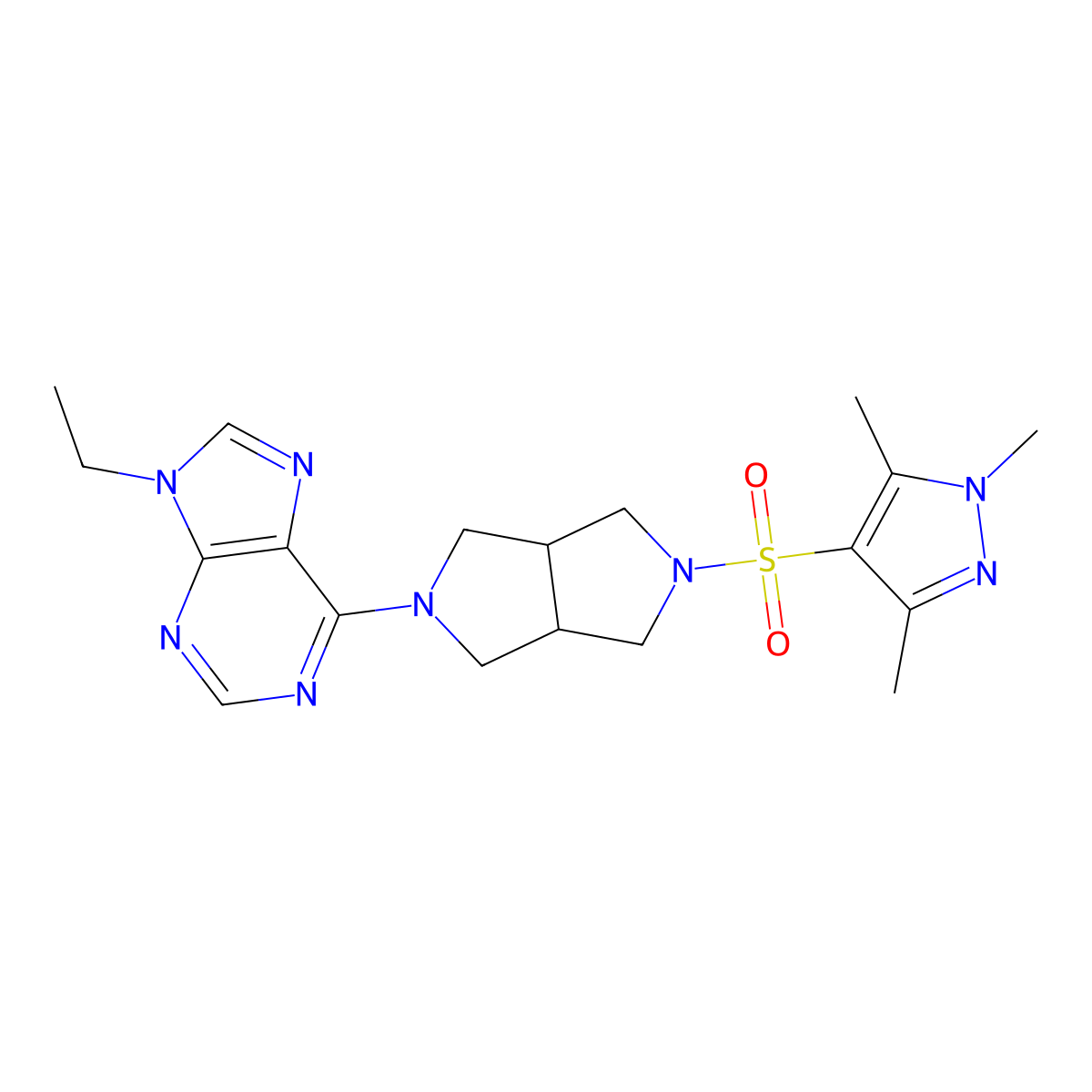 9-ethyl-6-{5-[(1,3,5-trimethyl-1H-pyrazol-4-yl)sulfonyl]-octahydropyrrolo[3,4-c]pyrrol-2-yl}-9H-purine molecular structure, CAS 2742047-39-6