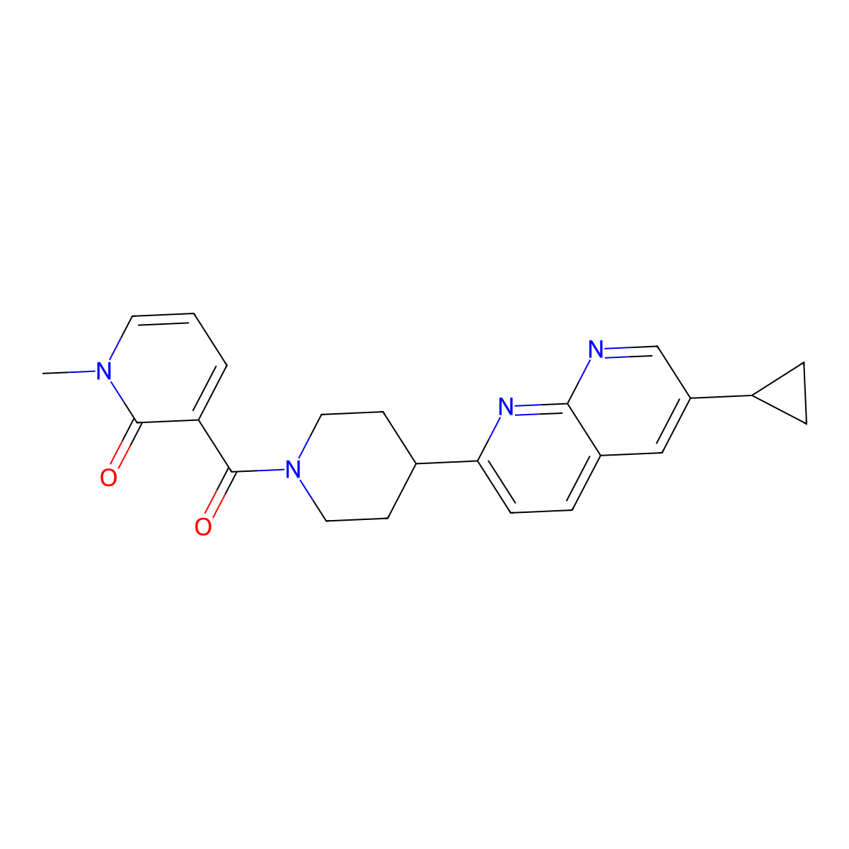 3-[4-(6-Cyclopropyl-1,8-naphthyridin-2-yl)piperidine-1-carbonyl]-1-methyl-1,2-dihydropyridin-2-one molecular structure, CAS 2742047-41-0