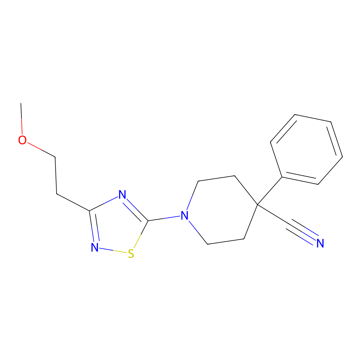 1-[3-(2-Methoxyethyl)-1,2,4-thiadiazol-5-yl]-4-phenylpiperidine-4-carbonitrile molecular structure, CAS 2742047-52-3