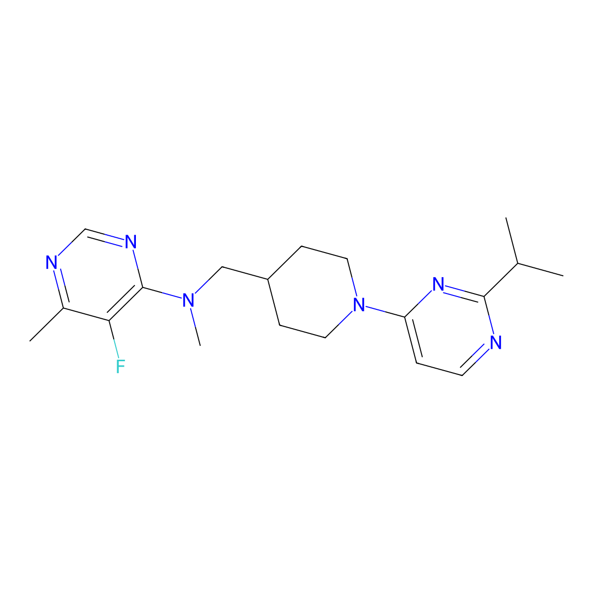 5-fluoro-N,6-dimethyl-N-({1-[2-(propan-2-yl)pyrimidin-4-yl]piperidin-4-yl}methyl)pyrimidin-4-amine molecular structure, CAS 2742047-55-6