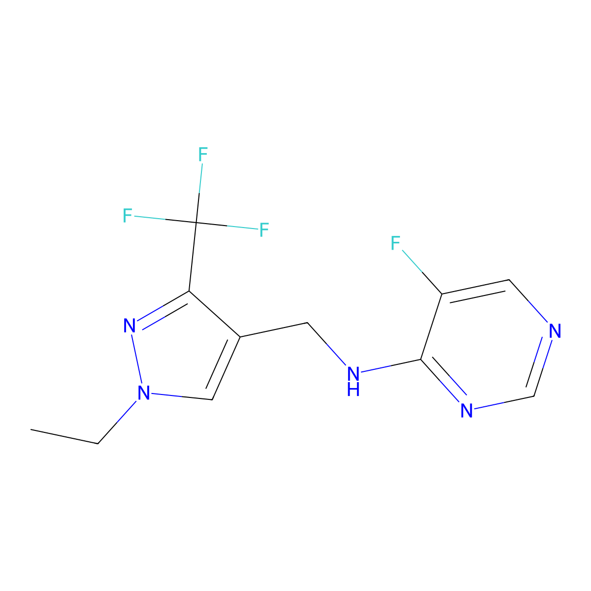 N-{[1-ethyl-3-(trifluoromethyl)-1H-pyrazol-4-yl]methyl}-5-fluoropyrimidin-4-amine molecular structure, CAS 2742047-59-0