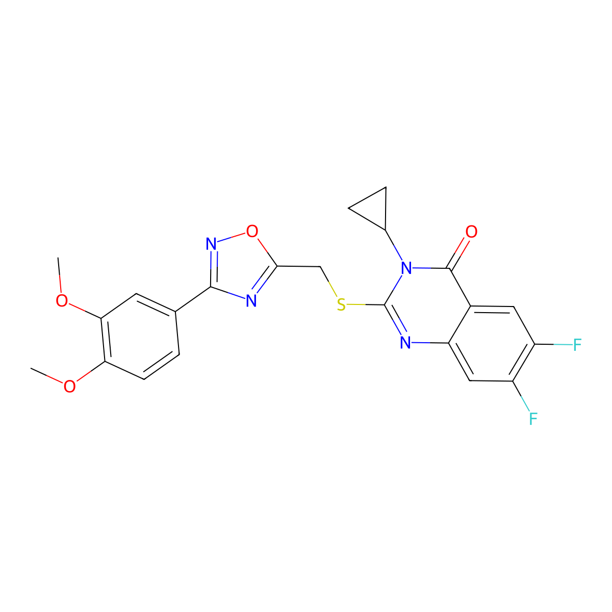 3-Cyclopropyl-2-({[3-(3,4-dimethoxyphenyl)-1,2,4-oxadiazol-5-yl]methyl}sulfanyl)-6,7-difluoro-3,4-dihydroquinazolin-4-one molecular structure, CAS 2742047-68-1