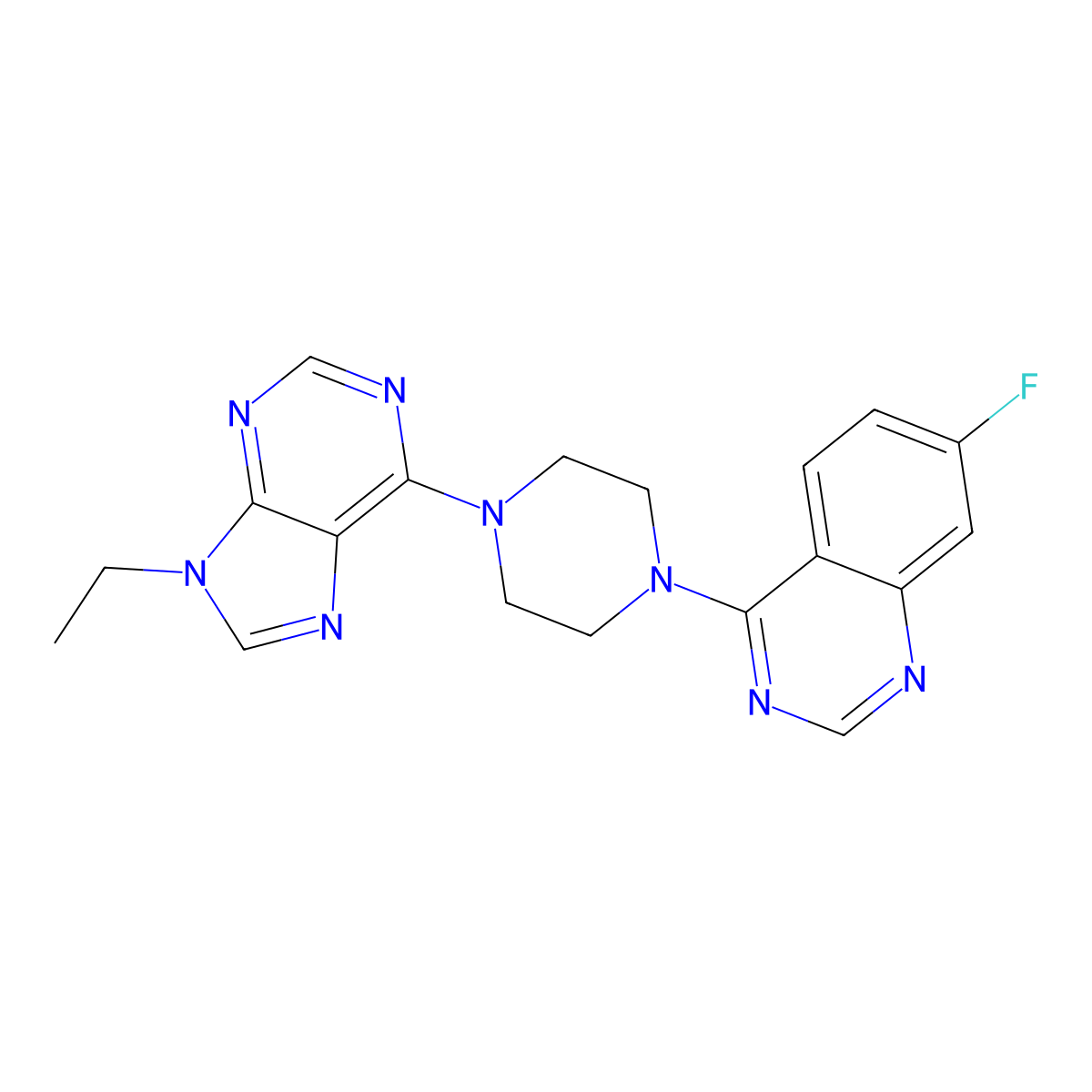 4-[4-(9-ethyl-9H-purin-6-yl)piperazin-1-yl]-7-fluoroquinazoline molecular structure, CAS 2742047-70-5