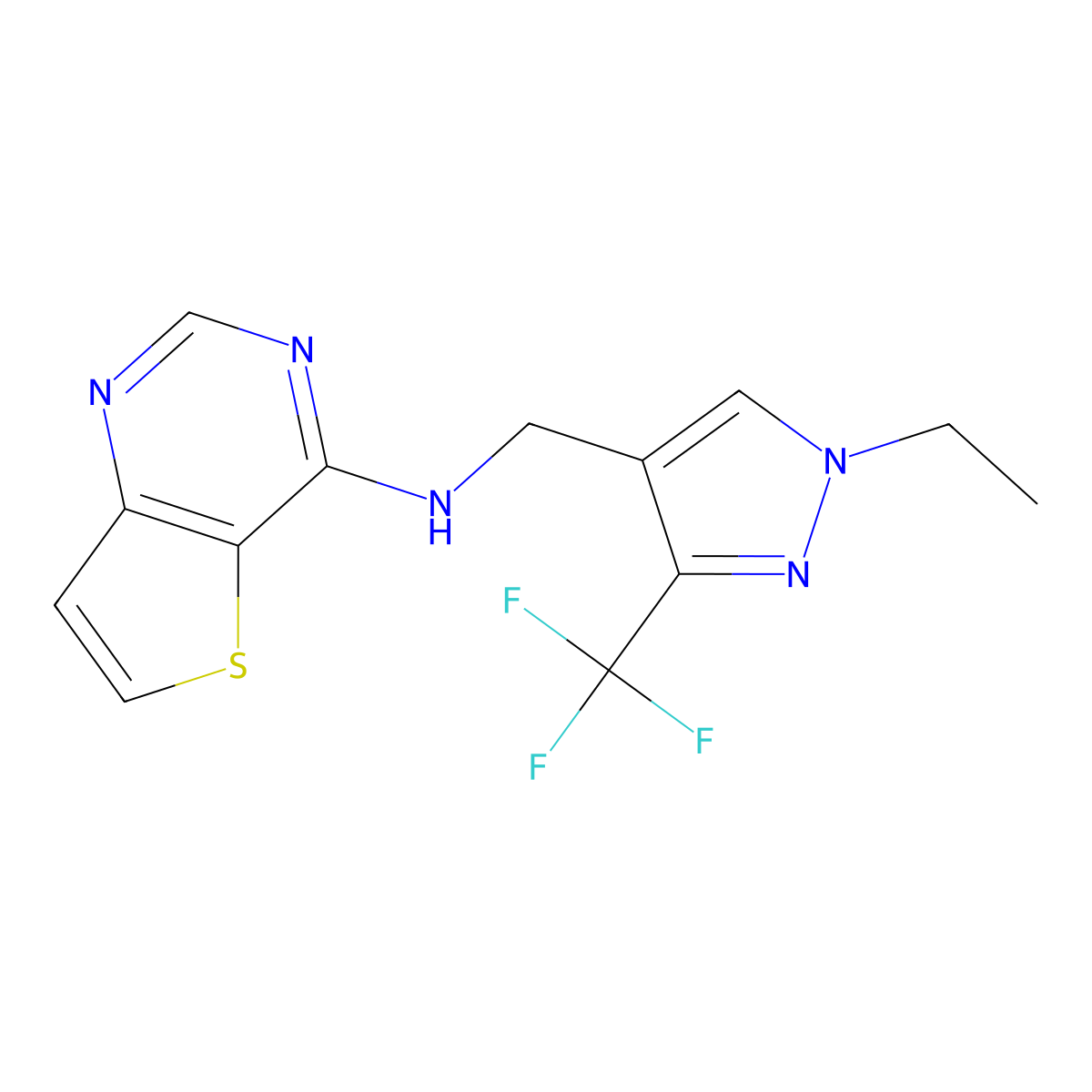 N-{[1-ethyl-3-(trifluoromethyl)-1H-pyrazol-4-yl]methyl}thieno[3,2-d]pyrimidin-4-amine molecular structure, CAS 2742047-85-2