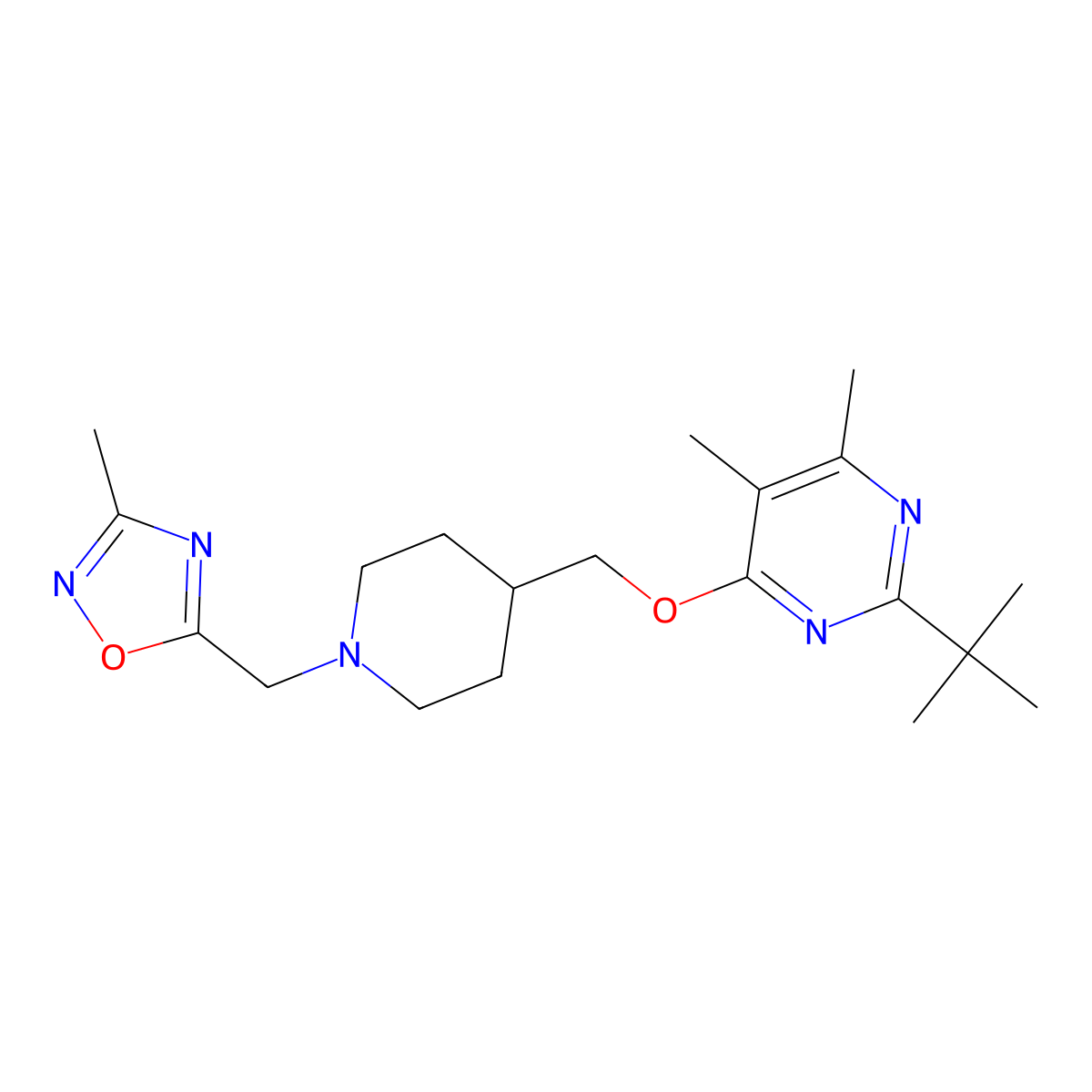 2-Tert-butyl-4,5-dimethyl-6-({1-[(3-methyl-1,2,4-oxadiazol-5-yl)methyl]piperidin-4-yl}methoxy)pyrimidine molecular structure, CAS 2742047-90-9