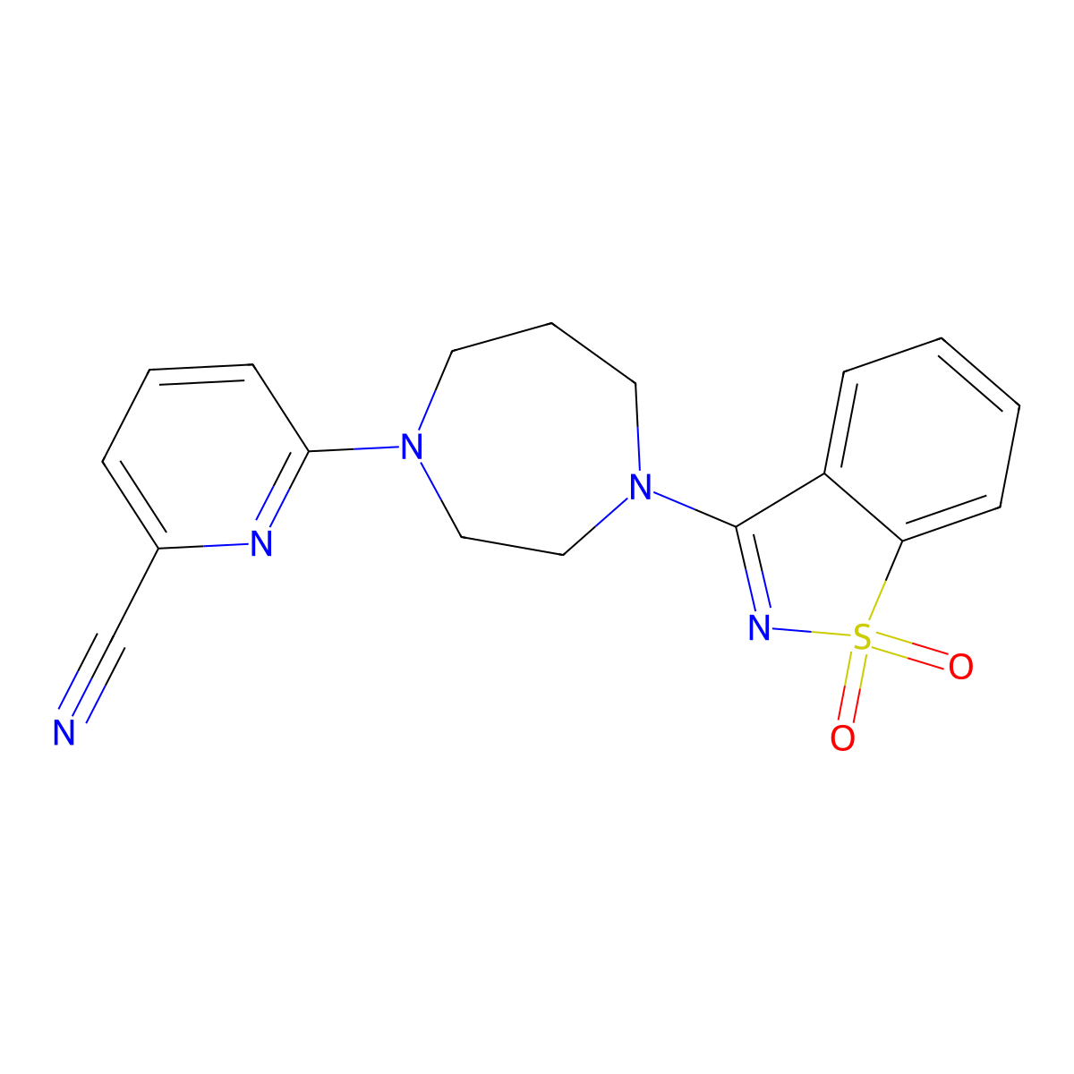 6-[4-(1,1-Dioxo-1,2-benzothiazol-3-yl)-1,4-diazepan-1-yl]pyridine-2-carbonitrile molecular structure, CAS 2742047-98-7