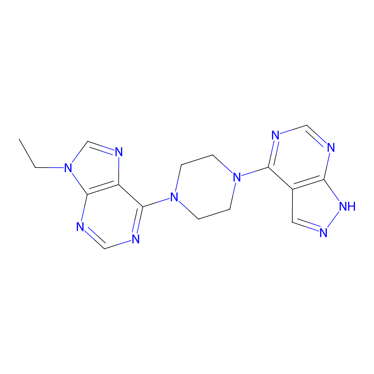 9-ethyl-6-(4-{1H-pyrazolo[3,4-d]pyrimidin-4-yl}piperazin-1-yl)-9H-purine molecular structure, CAS 2742048-00-4
