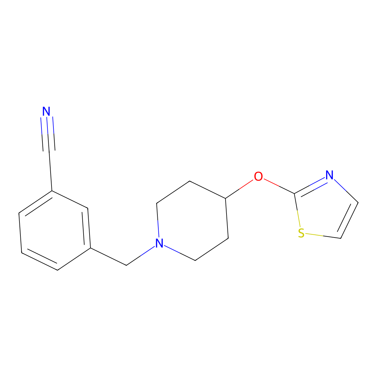 3-{[4-(1,3-Thiazol-2-yloxy)piperidin-1-yl]methyl}benzonitrile molecular structure, CAS 2742048-08-2