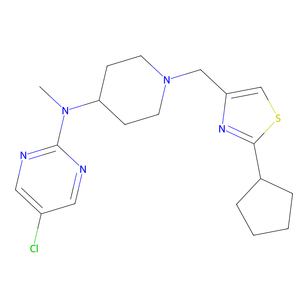 5-chloro-N-{1-[(2-cyclopentyl-1,3-thiazol-4-yl)methyl]piperidin-4-yl}-N-methylpyrimidin-2-amine molecular structure, CAS 2742048-11-7