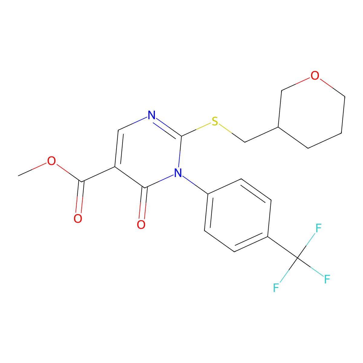 Methyl 2-{[(oxan-3-yl)methyl]sulfanyl}-6-oxo-1-[4-(trifluoromethyl)phenyl]-1,6-dihydropyrimidine-5-carboxylate molecular structure, CAS 2742048-20-8