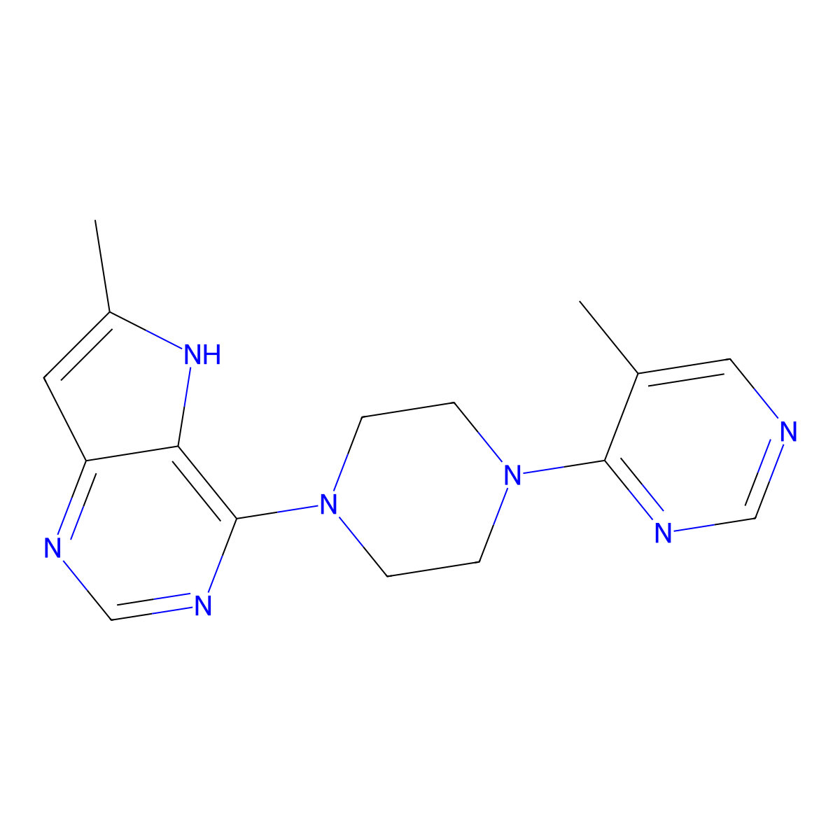 5-methyl-4-(4-{6-methyl-5H-pyrrolo[3,2-d]pyrimidin-4-yl}piperazin-1-yl)pyrimidine molecular structure, CAS 2742048-30-0