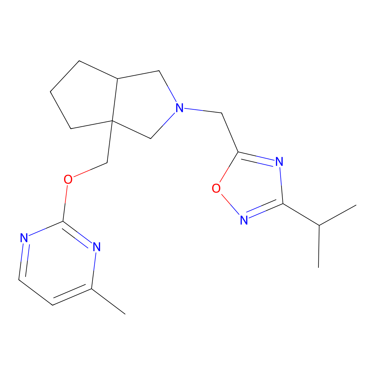 4-Methyl-2-[(2-{[3-(propan-2-yl)-1,2,4-oxadiazol-5-yl]methyl}-octahydrocyclopenta[c]pyrrol-3a-yl)methoxy]pyrimidine molecular structure, CAS 2742048-33-3