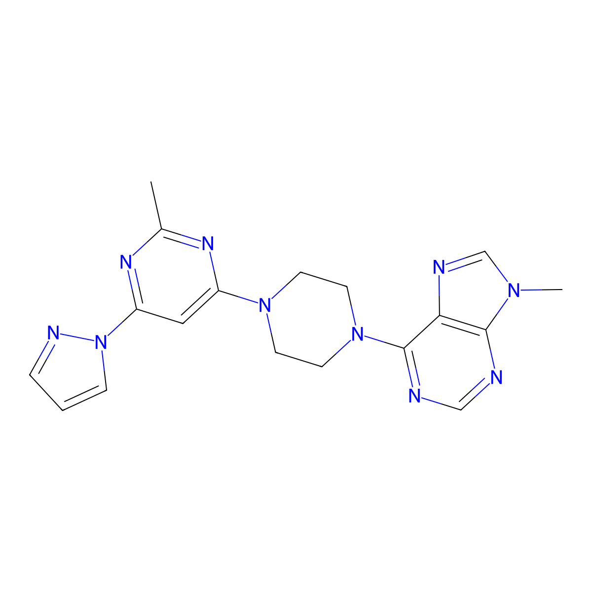 9-methyl-6-{4-[2-methyl-6-(1H-pyrazol-1-yl)pyrimidin-4-yl]piperazin-1-yl}-9H-purine molecular structure, CAS 2742048-34-4