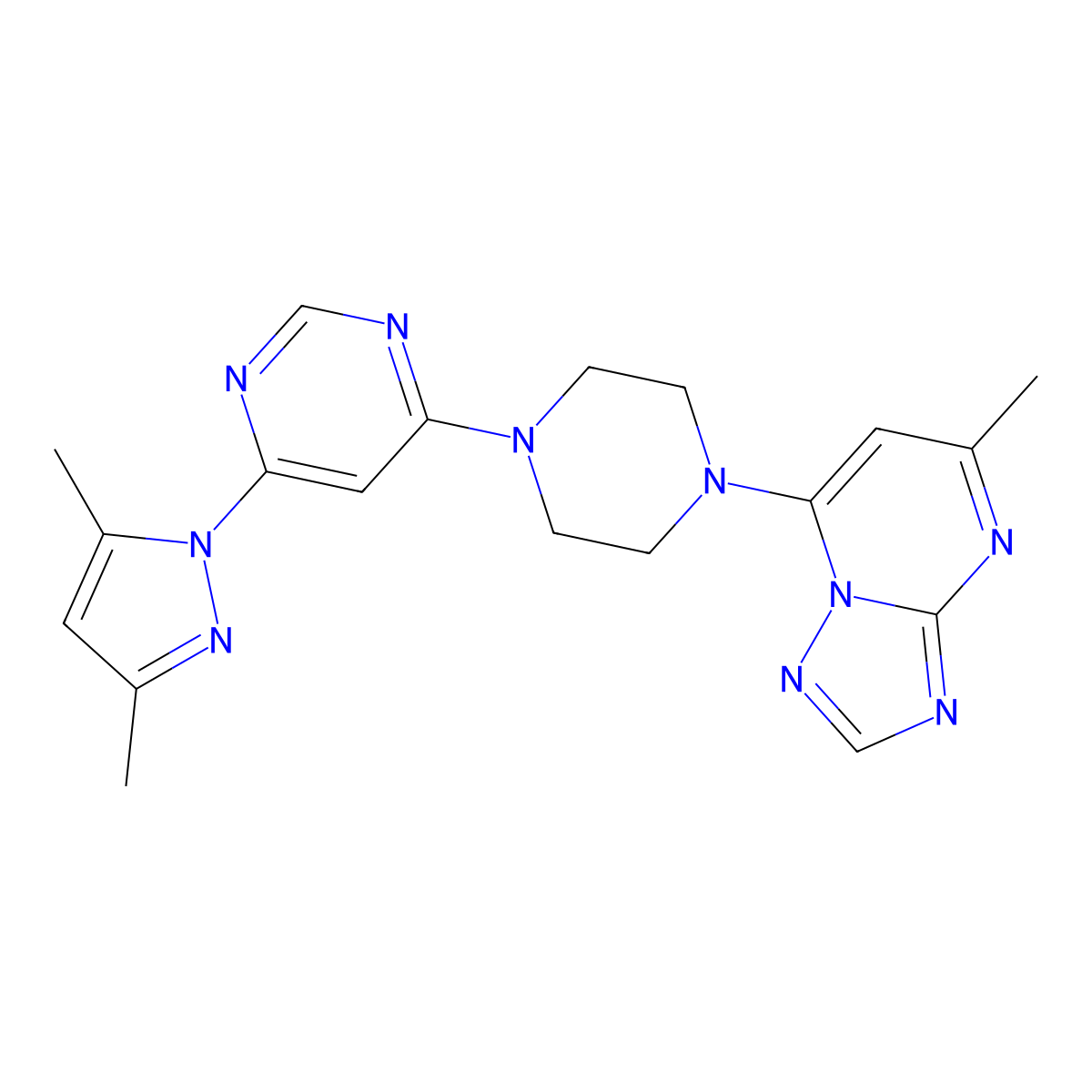 4-(3,5-dimethyl-1H-pyrazol-1-yl)-6-(4-{5-methyl-[1,2,4]triazolo[1,5-a]pyrimidin-7-yl}piperazin-1-yl)pyrimidine molecular structure, CAS 2742048-40-2