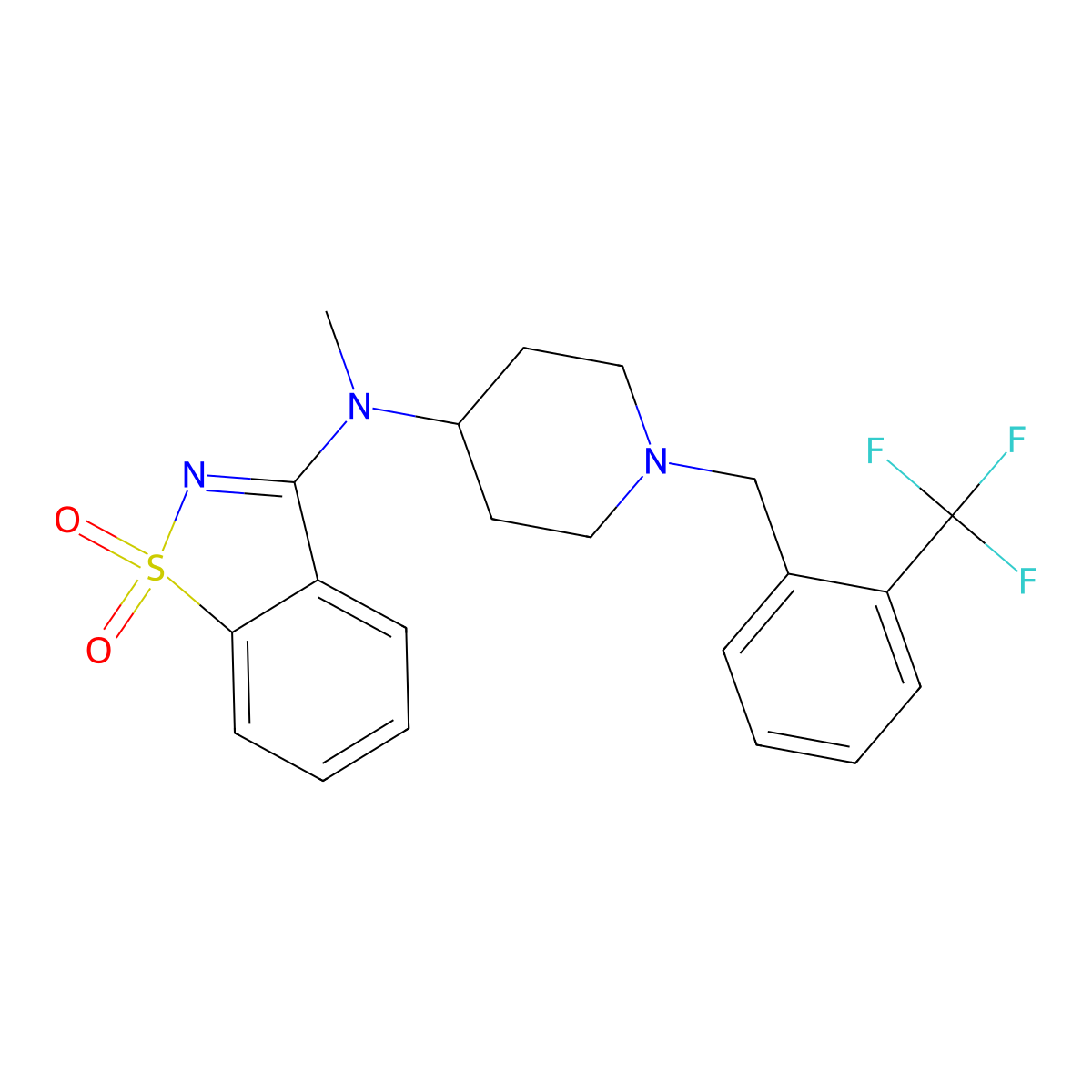 N-methyl-1,1-dioxo-N-[1-[[2-(trifluoromethyl)phenyl]methyl]piperidin-4-yl]-1,2-benzothiazol-3-amine molecular structure, CAS 2742048-42-4