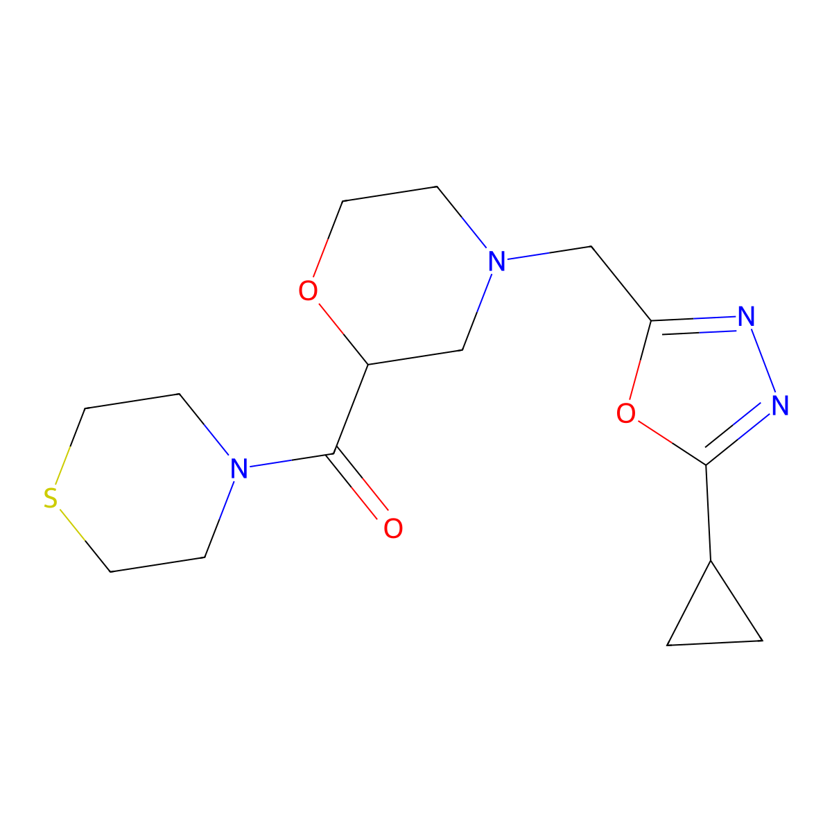 4-[(5-Cyclopropyl-1,3,4-oxadiazol-2-yl)methyl]-2-(thiomorpholine-4-carbonyl)morpholine molecular structure, CAS 2742048-50-4