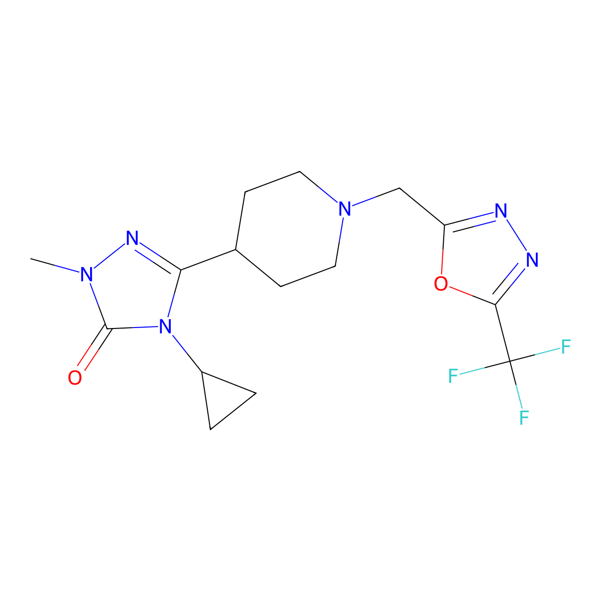 4-cyclopropyl-1-methyl-3-(1-{[5-(trifluoromethyl)-1,3,4-oxadiazol-2-yl]methyl}piperidin-4-yl)-4,5-dihydro-1H-1,2,4-triazol-5-one molecular structure, CAS 2742048-52-6