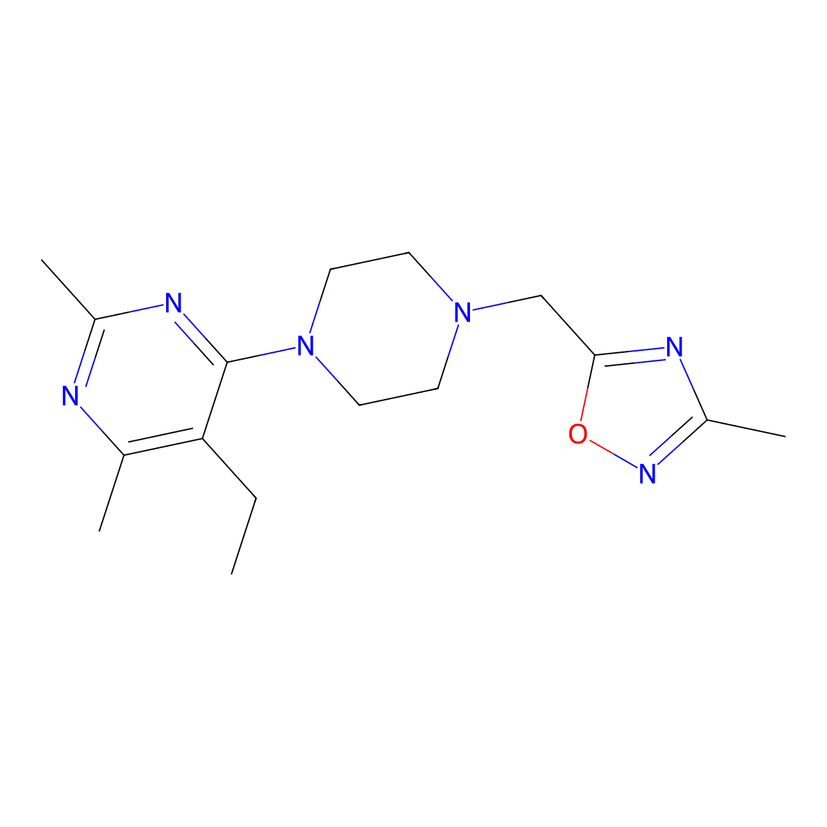 5-Ethyl-2,4-dimethyl-6-{4-[(3-methyl-1,2,4-oxadiazol-5-yl)methyl]piperazin-1-yl}pyrimidine molecular structure, CAS 2742048-56-0