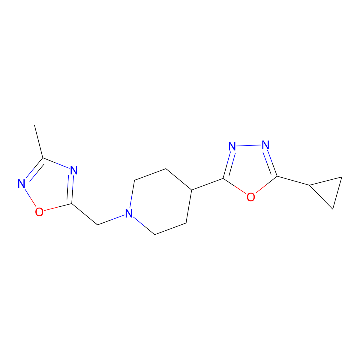 4-(5-Cyclopropyl-1,3,4-oxadiazol-2-yl)-1-[(3-methyl-1,2,4-oxadiazol-5-yl)methyl]piperidine molecular structure, CAS 2742048-62-8
