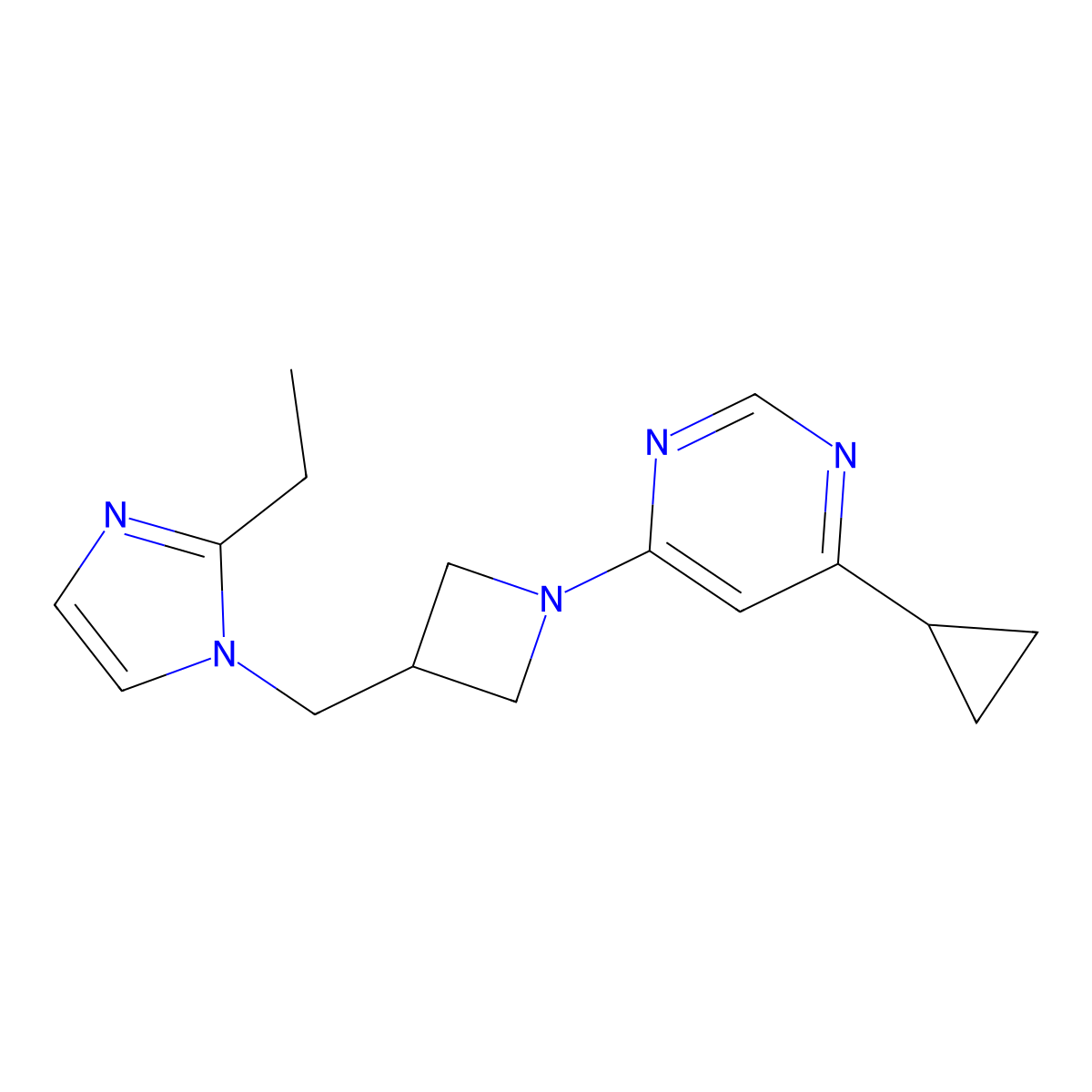 4-cyclopropyl-6-{3-[(2-ethyl-1H-imidazol-1-yl)methyl]azetidin-1-yl}pyrimidine molecular structure, CAS 2742048-64-0