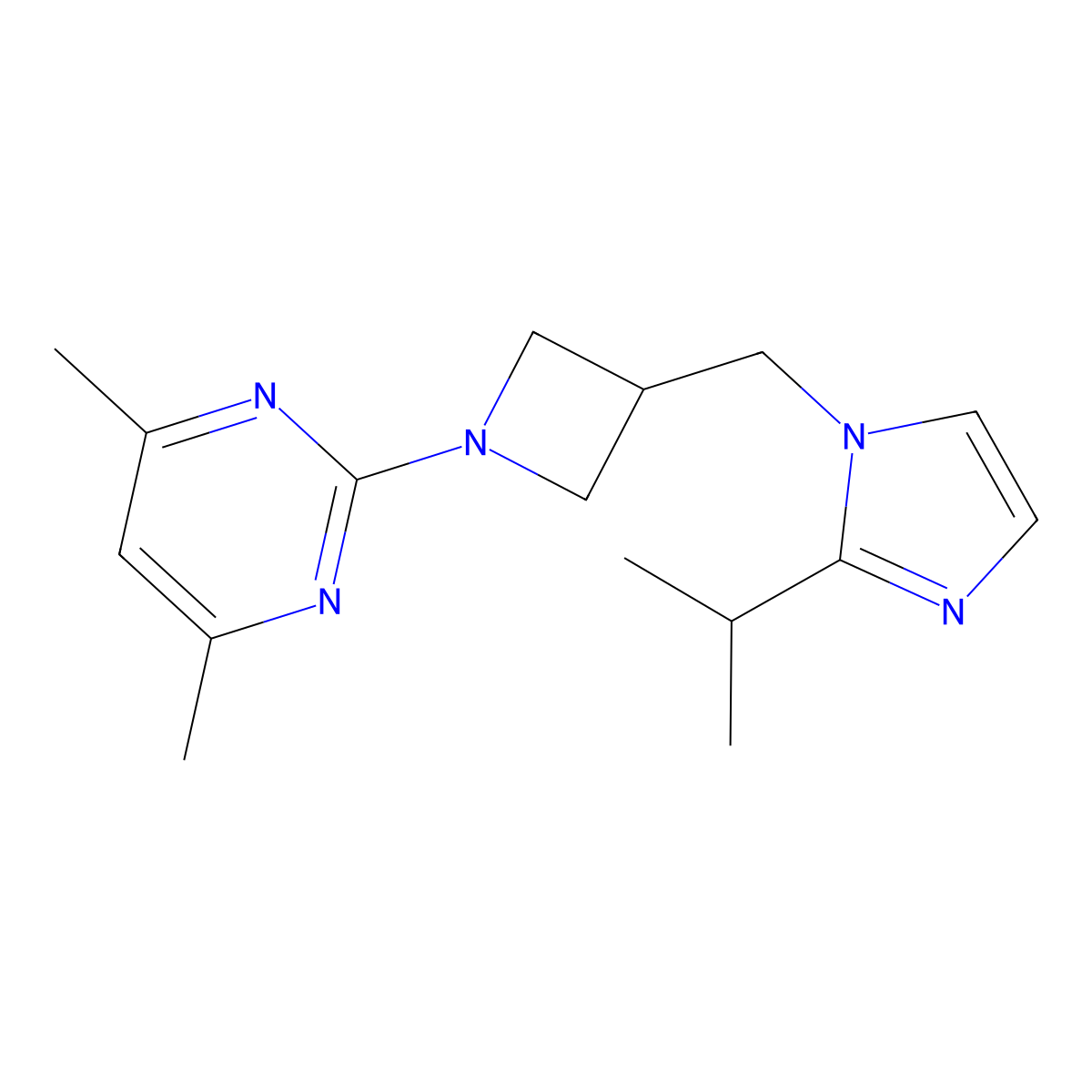 4,6-dimethyl-2-(3-{[2-(propan-2-yl)-1H-imidazol-1-yl]methyl}azetidin-1-yl)pyrimidine molecular structure, CAS 2742048-65-1