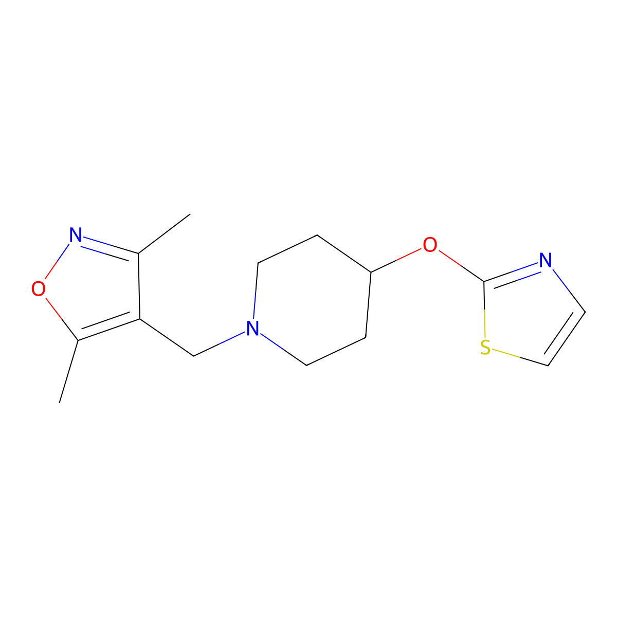 1-[(3,5-Dimethyl-1,2-oxazol-4-yl)methyl]-4-(1,3-thiazol-2-yloxy)piperidine molecular structure, CAS 2742048-78-6