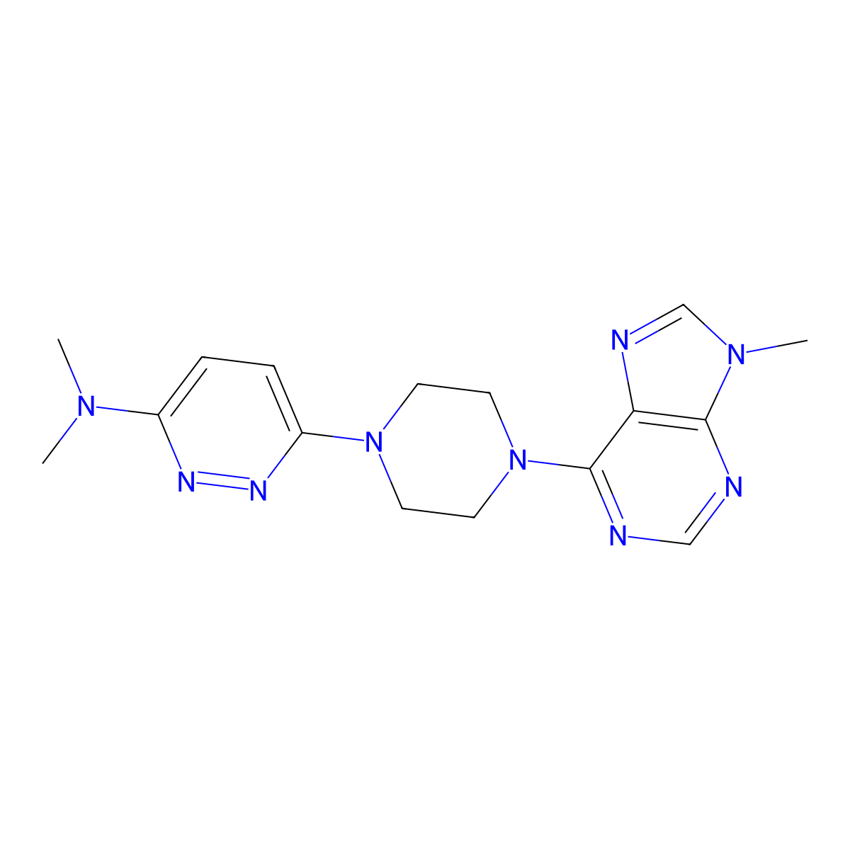 N,N-dimethyl-6-[4-(9-methyl-9H-purin-6-yl)piperazin-1-yl]pyridazin-3-amine molecular structure, CAS 2742048-81-1