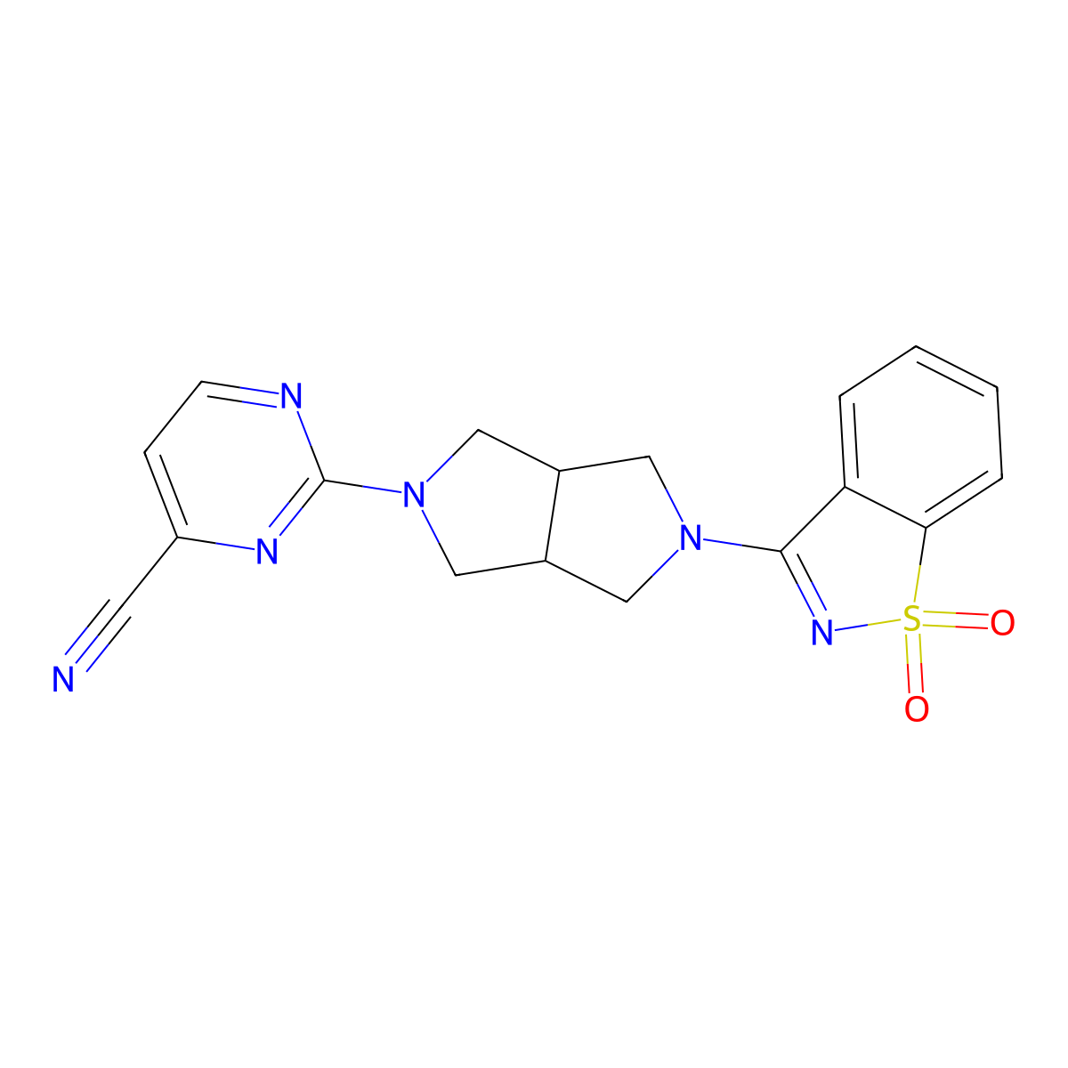 2-[2-(1,1-Dioxo-1,2-benzothiazol-3-yl)-1,3,3a,4,6,6a-hexahydropyrrolo[3,4-c]pyrrol-5-yl]pyrimidine-4-carbonitrile molecular structure, CAS 2742048-90-2