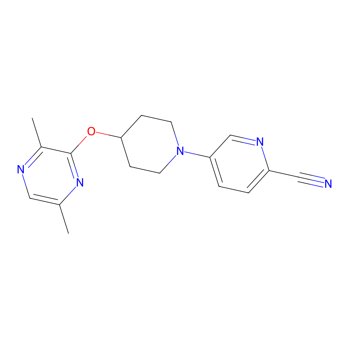 5-{4-[(3,6-Dimethylpyrazin-2-yl)oxy]piperidin-1-yl}pyridine-2-carbonitrile molecular structure, CAS 2742048-94-6