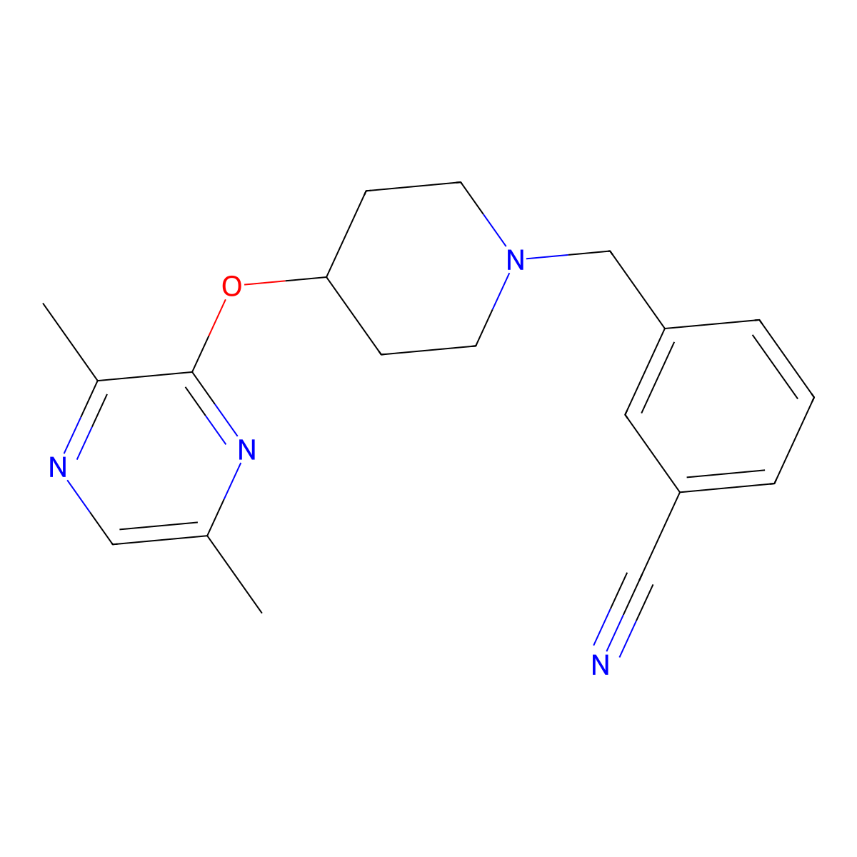 3-({4-[(3,6-Dimethylpyrazin-2-yl)oxy]piperidin-1-yl}methyl)benzonitrile molecular structure, CAS 2742049-00-7