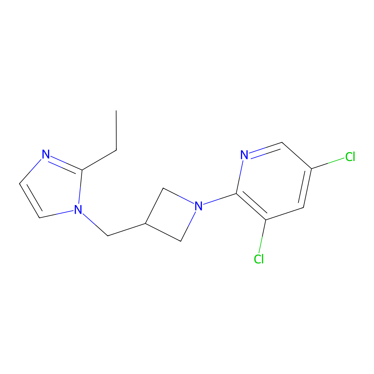 3,5-dichloro-2-{3-[(2-ethyl-1H-imidazol-1-yl)methyl]azetidin-1-yl}pyridine molecular structure, CAS 2742049-02-9