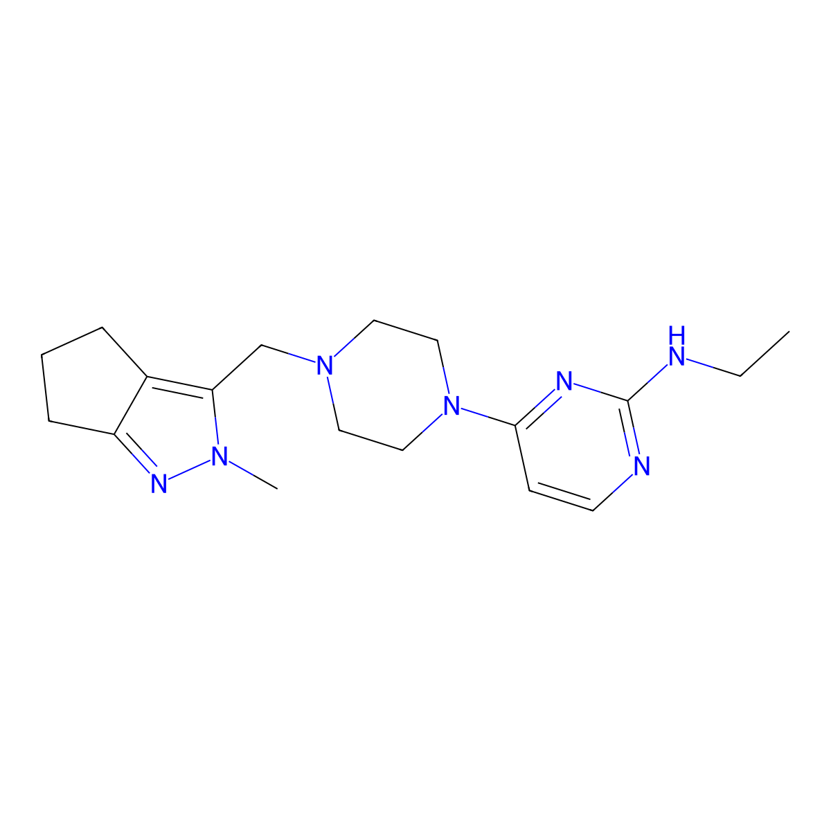 N-ethyl-4-[4-({2-methyl-2H,4H,5H,6H-cyclopenta[c]pyrazol-3-yl}methyl)piperazin-1-yl]pyrimidin-2-amine molecular structure, CAS 2742049-03-0