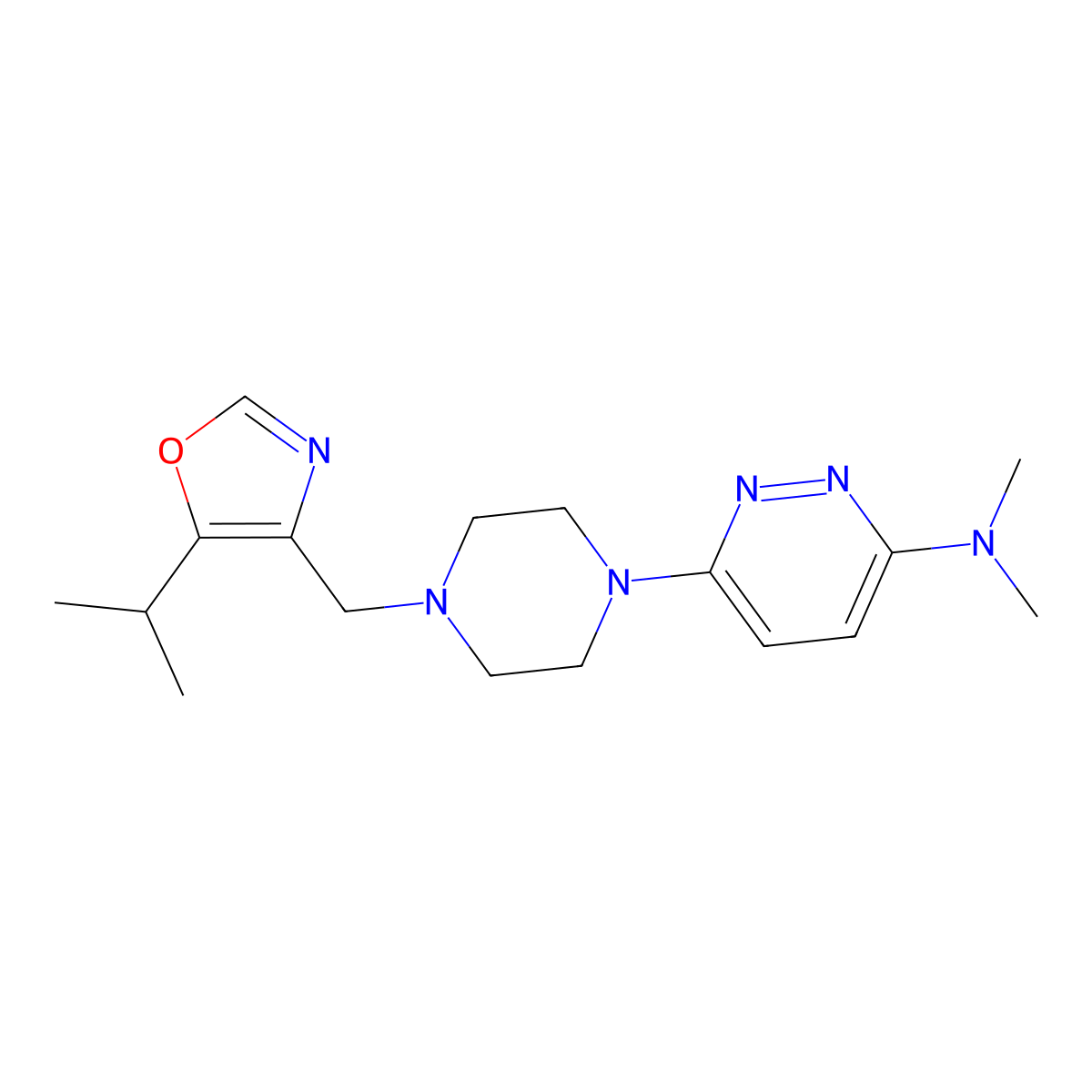 N,N-dimethyl-6-(4-{[5-(propan-2-yl)-1,3-oxazol-4-yl]methyl}piperazin-1-yl)pyridazin-3-amine molecular structure, CAS 2742049-07-4