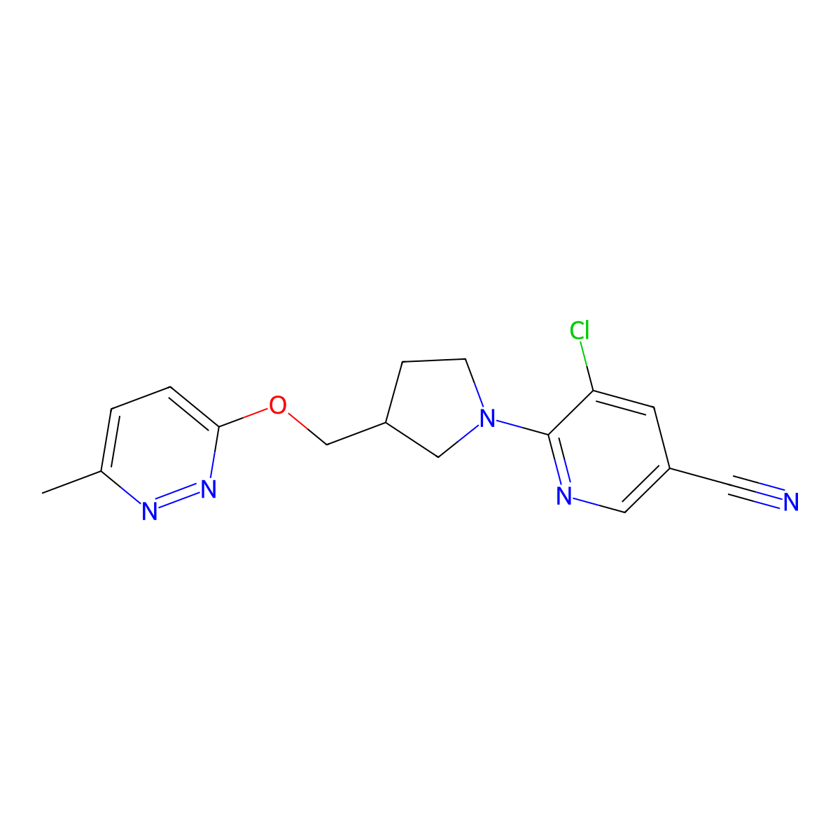 5-Chloro-6-(3-{[(6-methylpyridazin-3-yl)oxy]methyl}pyrrolidin-1-yl)pyridine-3-carbonitrile molecular structure, CAS 2742049-21-2