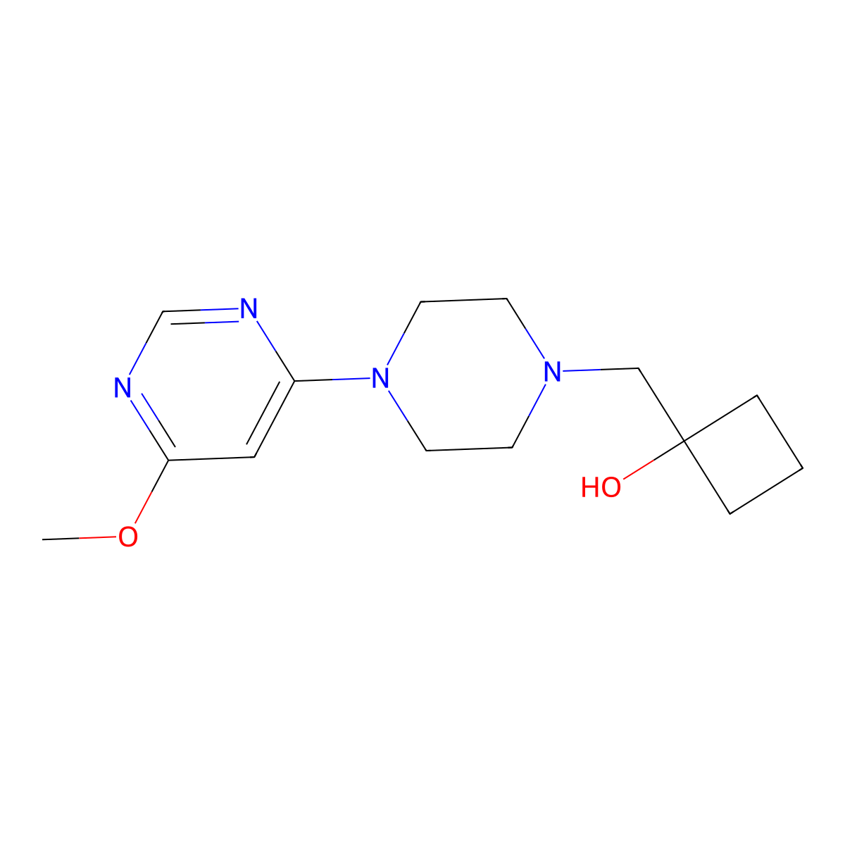 1-{[4-(6-Methoxypyrimidin-4-yl)piperazin-1-yl]methyl}cyclobutan-1-ol molecular structure, CAS 2742049-32-5